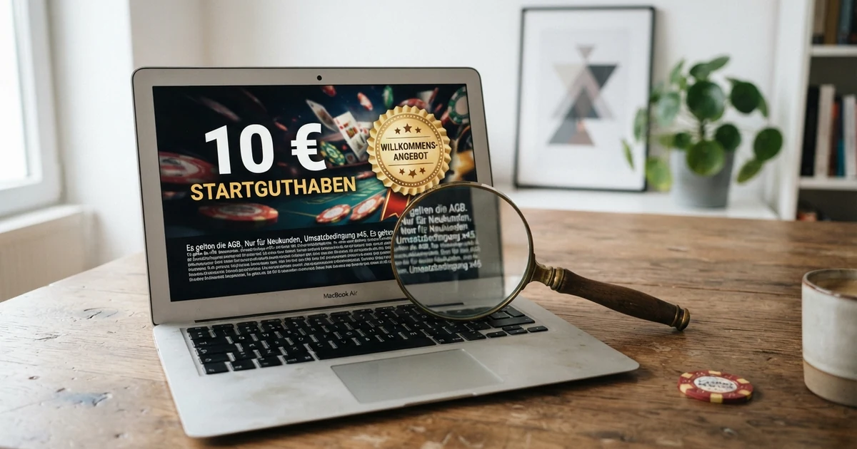 Ein geöffneter Laptop zeigt ein Casino-Bonusangebot mit 10 Euro Startguthaben auf dem Bildschirm, daneben eine Lupe über dem Kleingedruckten der Bonusbedingungen