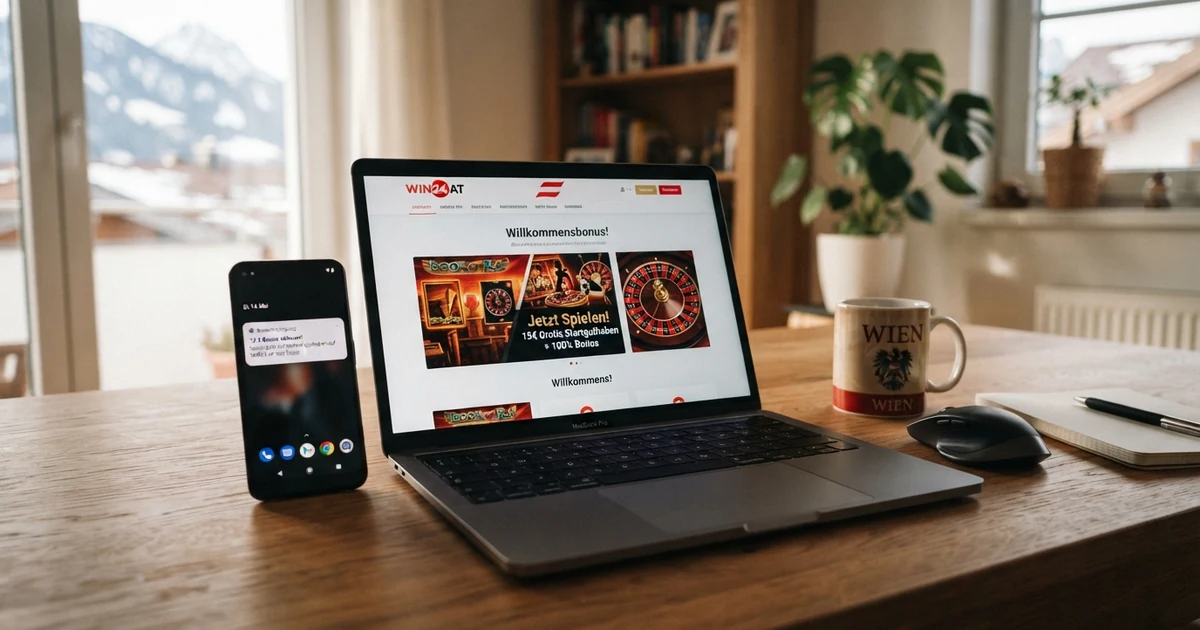 Ein geöffneter Laptop zeigt die Startseite eines Online-Casinos, daneben liegt ein Smartphone mit einer Bonus-Benachrichtigung — im Hintergrund eine stilisiertes Österreich-Umgebungsmotiv