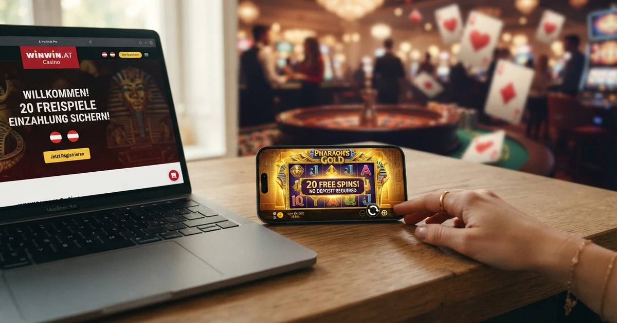 Ein geöffneter Laptop zeigt eine Casino-Willkommensseite mit der Aufschrift „20 Freispiele ohne Einzahlung“, daneben liegt ein Smartphone mit einer Registrierungsmaske — im Hintergrund verschwommen Spielkarten-Symbole und ein Roulette-Kessel.
