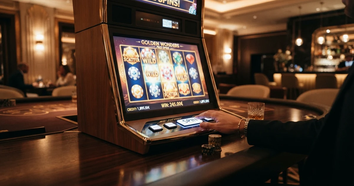 Ein Spielautomat mit leuchtenden Freispiel-Symbolen und einer Gewinnanzeige auf dem Bildschirm