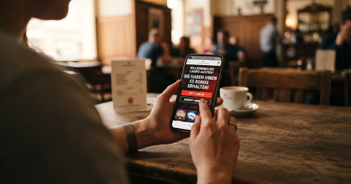 Eine Nahaufnahme eines Smartphone-Bildschirms mit einem Casino-Willkommensbildschirm, der ein Bonusguthaben von 5 Euro anzeigt, daneben ein geöffnetes Bedingungen-Fenster mit hervorgehobenen Umsatzanforderungen