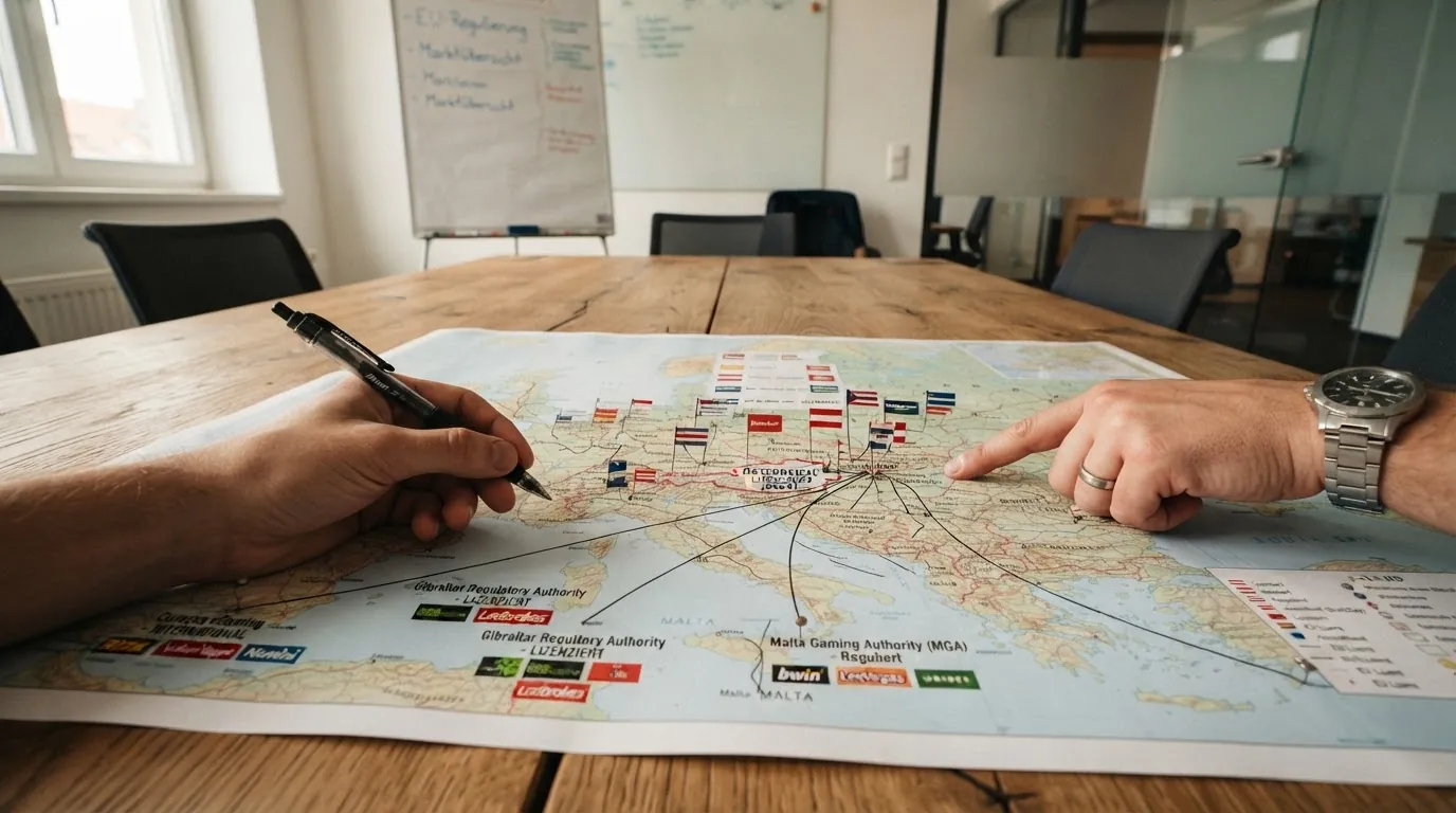 Eine Übersichtskarte Europas mit Markierungen für die Lizenzstandorte: Wien (AT-Konzession), Malta (MGA), Gibraltar und Curaçao — mit Linien zu den jeweiligen Anbieternamen