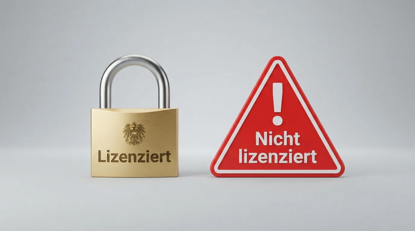 Eine visuelle Gegenüberstellung: Auf der einen Seite ein Schloss-Symbol für den lizenzierten Markt, auf der anderen ein Warnsymbol für nicht lizenzierte Anbieter