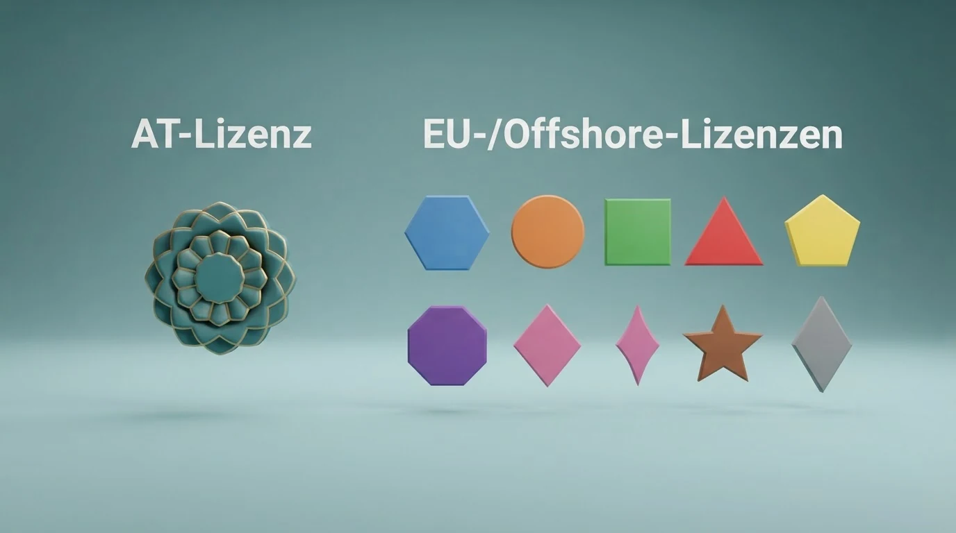 Eine Übersicht mit Logos der zehn geprüften Casino-Anbieter, gruppiert nach Lizenzstatus — ein Anbieter mit AT-Konzession, neun mit EU- oder Offshore-Lizenzen
