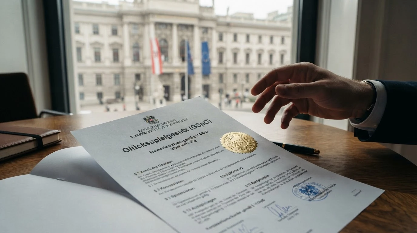 Das offizielle Gebäude des Bundesministeriums für Finanzen in Wien bei Tageslicht, im Vordergrund ein aufgeschlagenes Dokument mit dem Titel „Glücksspielgesetz (GSpG)“ und dem §-Symbol.