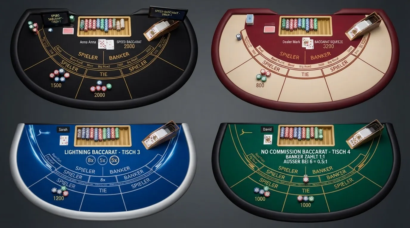 Vier Live-Baccarat-Tische nebeneinander im Split-Screen: Speed Baccarat, Baccarat Squeeze, Lightning Baccarat und No Commission Baccarat mit unterschiedlichen Tisch-Designs und Einsatz-Anzeigen