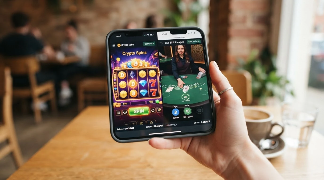 Slots-Spielfeld und Live-Dealer-Tisch nebeneinander auf einem Bildschirm mit Krypto-Wallet