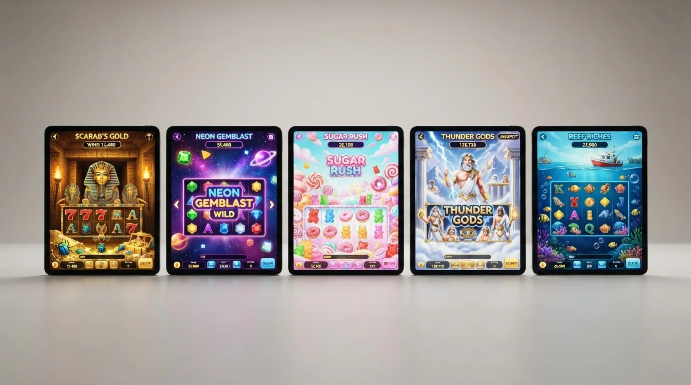 Fünf Spielautomaten-Titelbilder — Book of Dead, Starburst, Sweet Bonanza, Gates of Olympus und Big Bass Bonanza — nebeneinander aufgereiht