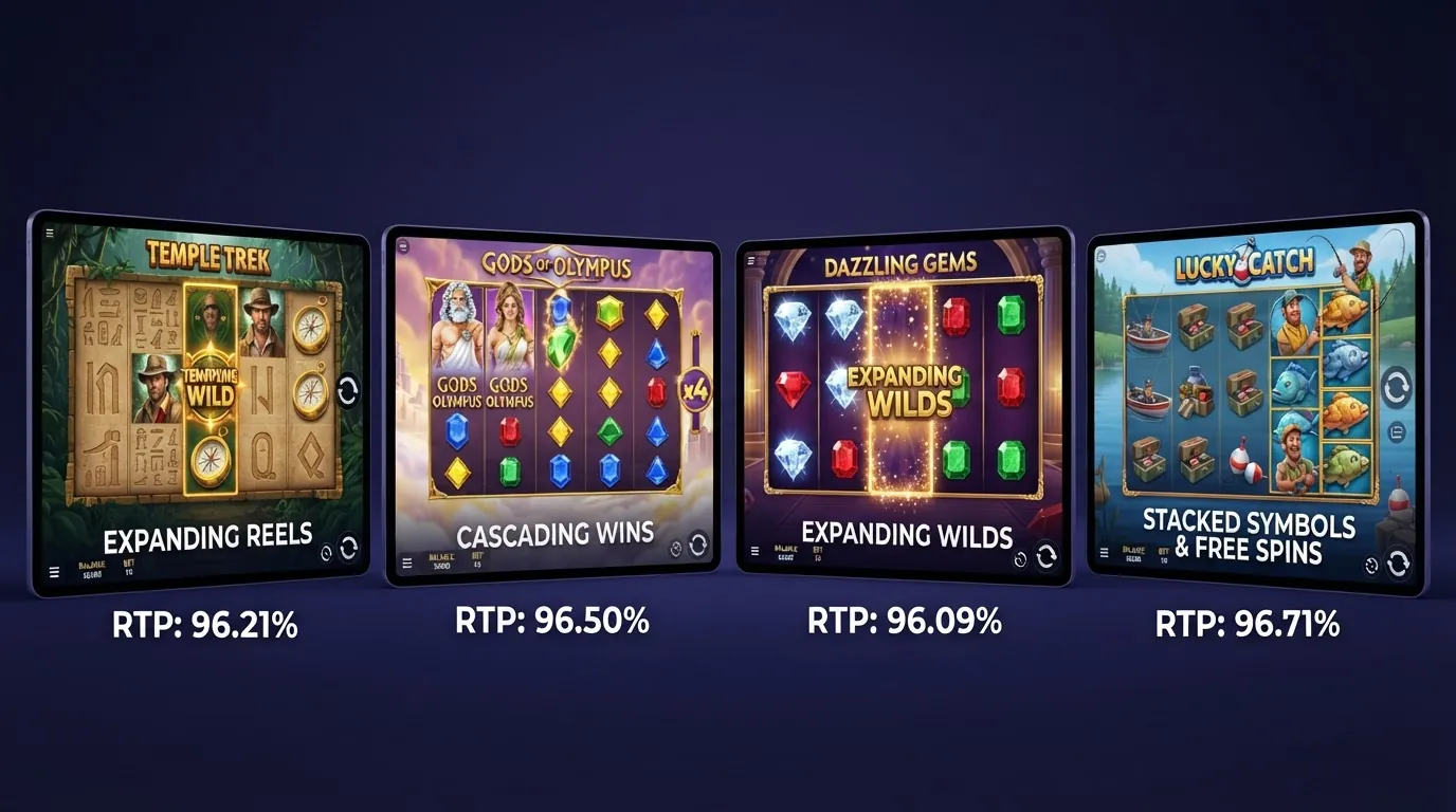 Vier nebeneinander angeordnete Slot-Spielfelder von Book of Dead, Starburst, Gates of Olympus und Big Bass Bonanza mit ihren jeweiligen RTP-Werten als eingeblendete Kennzahl