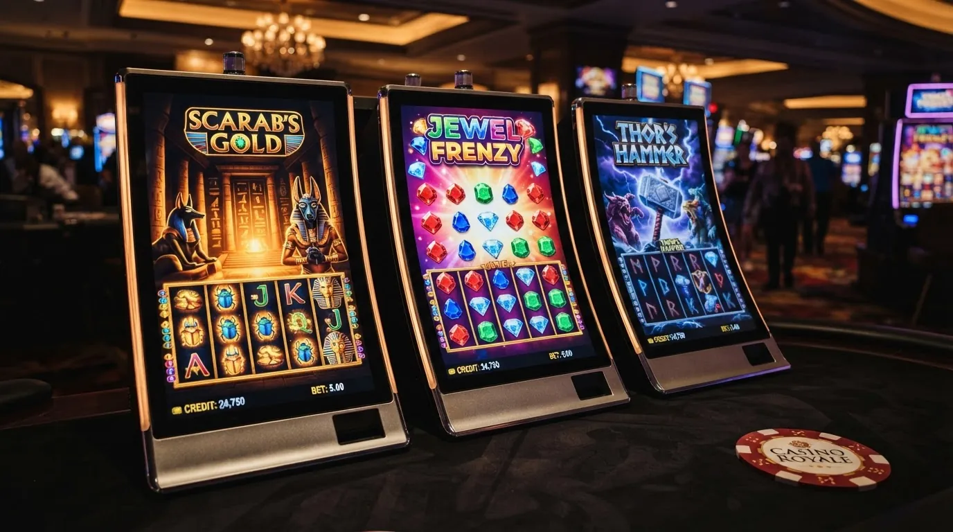 Drei Spielautomaten-Bildschirme nebeneinander: Book of Dead, Starburst und Thunderstruck II mit ihren RTP-Prozentwerten eingeblendet