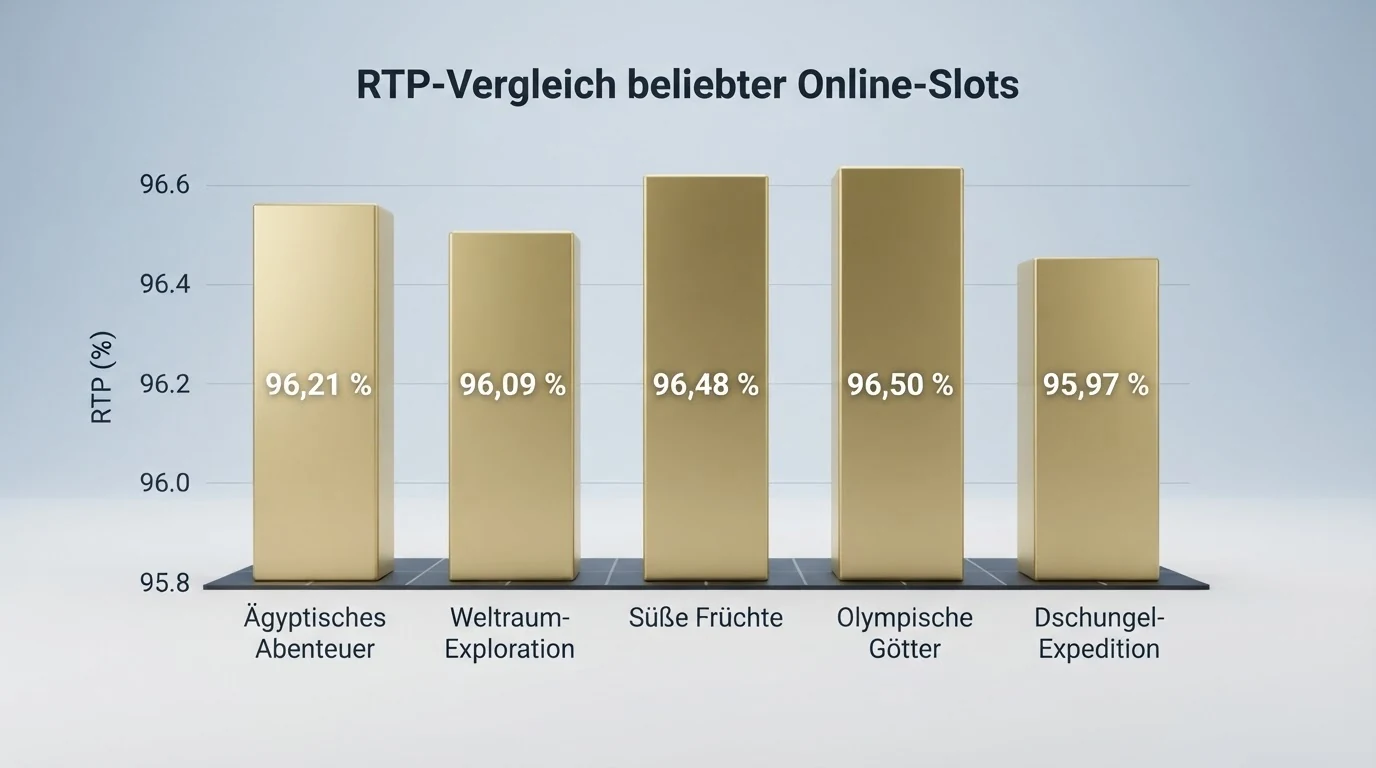 Die fünf Top-Slots Book of Dead, Starburst, Sweet Bonanza, Gates of Olympus und Gonzo's Quest mit ihren jeweiligen RTP-Werten als Balkendiagramm