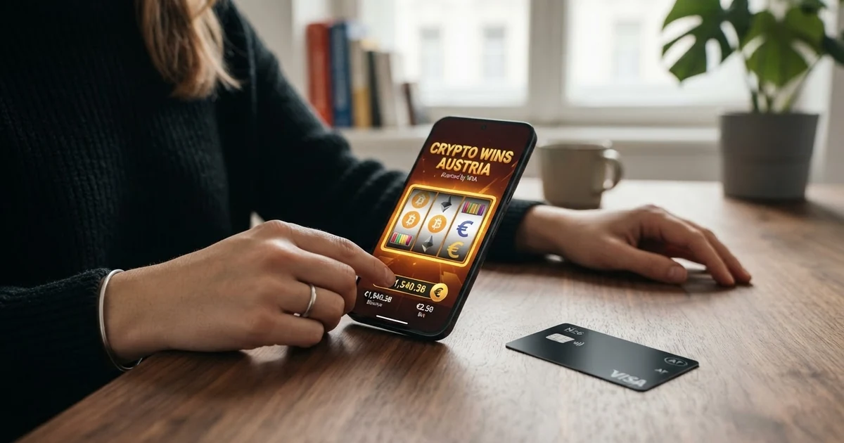 Eine Nahaufnahme eines Smartphones mit geöffneter Casino-App, auf dem Bildschirm sind Bitcoin- und Ethereum-Logos neben Spielsymbolen sichtbar
