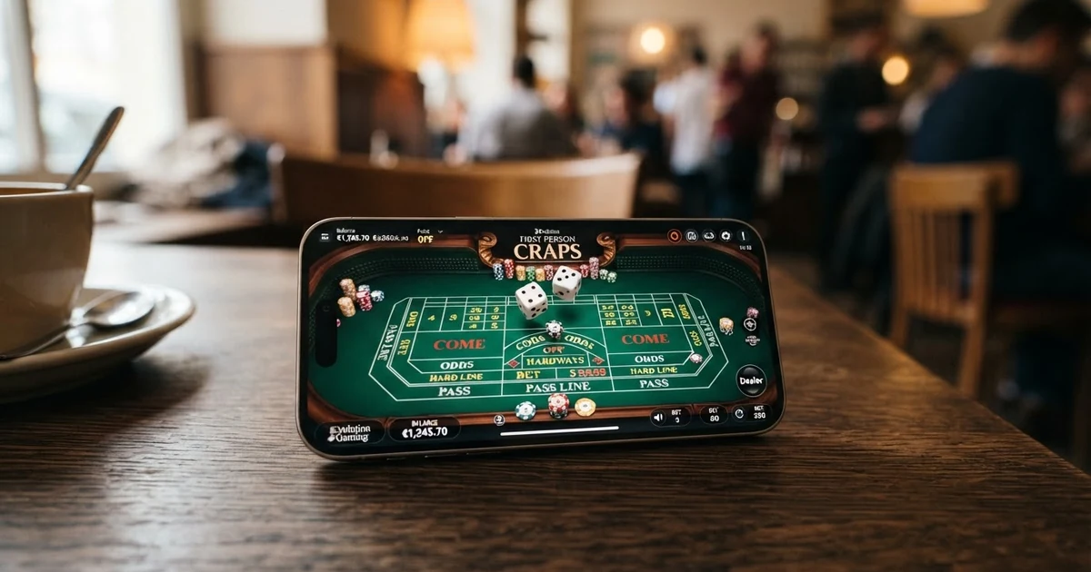 Ein virtueller Craps-Würfeltisch mit Spieloberfläche Wettfeldern und Einsatzanzeige auf einem Bildschirm