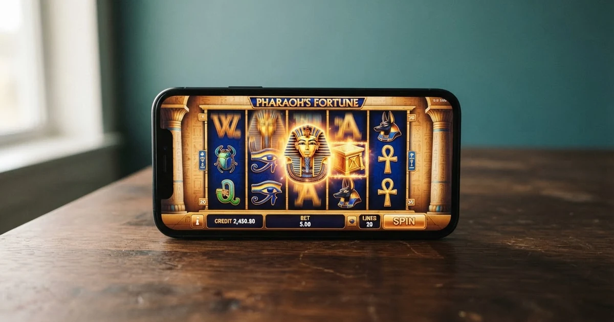 Fünf Walzen des Legacy of Dead-Spielautomaten mit altägyptischen Symbolen — Pharao, Horus und goldener Altar — auf einem Bildschirm