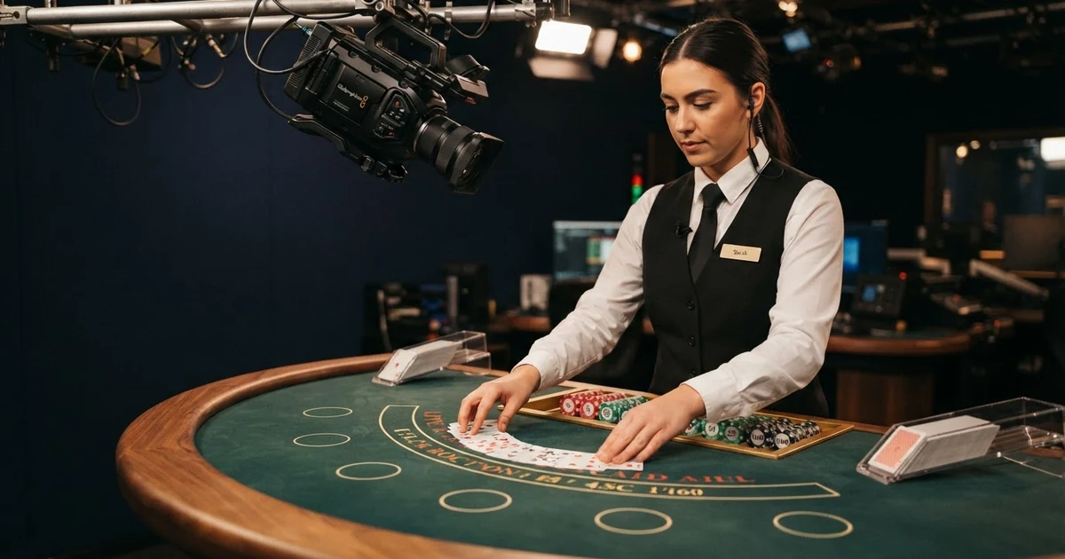Ein Live-Blackjack-Tisch im Studio mit Croupier, Spielkarten und HD-Kameras