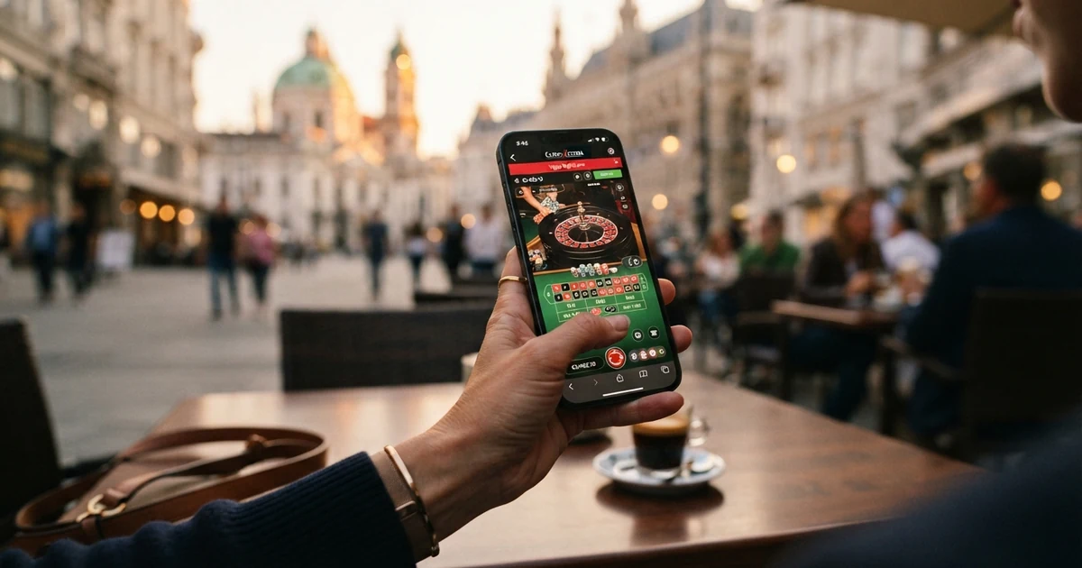 Eine Hand hält ein Smartphone mit geöffneter Casino-App, im Hintergrund eine stilisierte österreichische Stadtkulisse mit erkennbarem Wien-Bezug