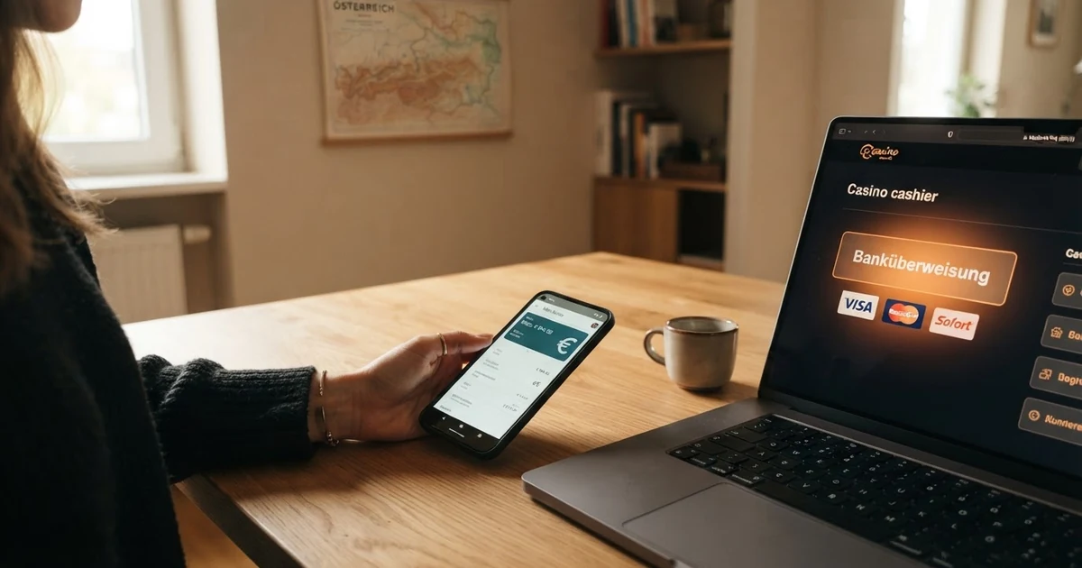 Eine Nahaufnahme eines österreichischen Online-Banking-Fensters mit IBAN- und BIC-Eingabefeld, daneben das Casino-Kassenmenü mit hervorgehobener Banküberweisungsoption