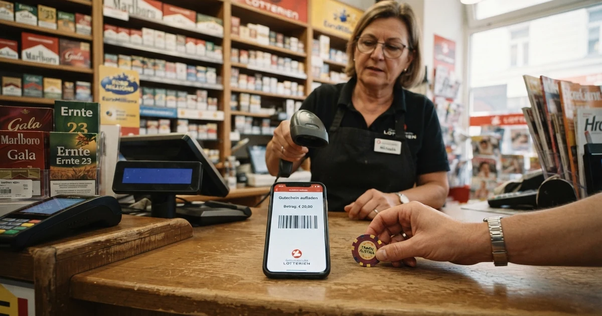 Ein Smartphone zeigt einen CashtoCode-Barcode an der Kasse einer österreichischen Trafik, daneben liegt Bargeld auf dem Tresen