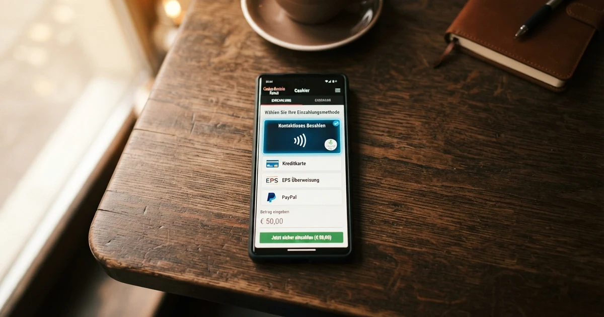 Ein Smartphone mit geöffneter Google-Pay-App und einem Casino-Kassenbildschirm im Hintergrund, auf dem das Google-Pay-Logo als Einzahlungsoption markiert ist