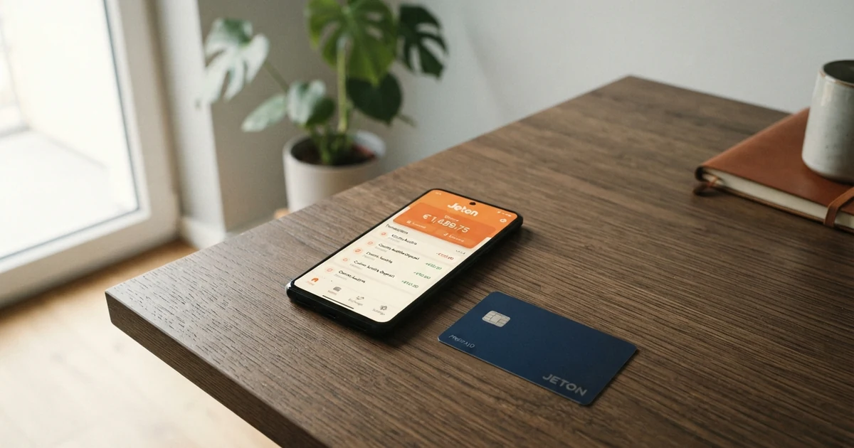 Eine geöffnete Jeton-App auf einem Smartphone zeigt die Wallet-Übersicht mit Euro-Guthaben, daneben liegt eine Visa-Jeton-Card