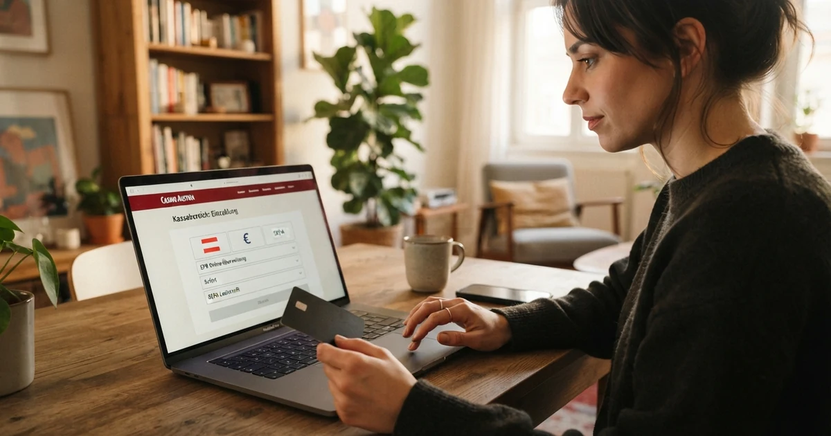 Ein österreichischer Spieler tippt auf einem Laptop IBAN und Bankdaten in die Einzahlungsmaske eines Online Casinos ein, daneben liegt eine österreichische Bankkarte.
