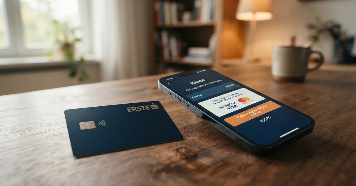 Eine Mastercard-Kreditkarte liegt neben einem Smartphone, auf dessen Display eine Casino-Kassen-Seite mit Einzahlungsmaske zu sehen ist