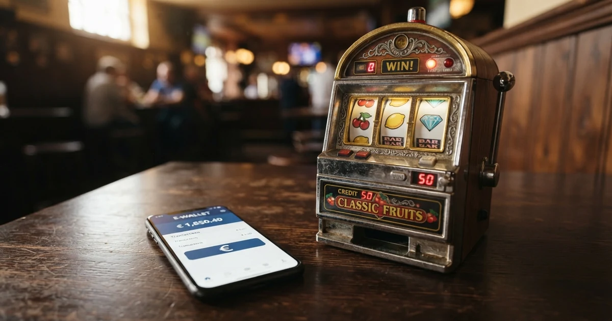 MiFinity-E-Wallet-Oberfläche auf einem Smartphone, daneben ein Casino-Spielautomat mit leuchtenden Walzen