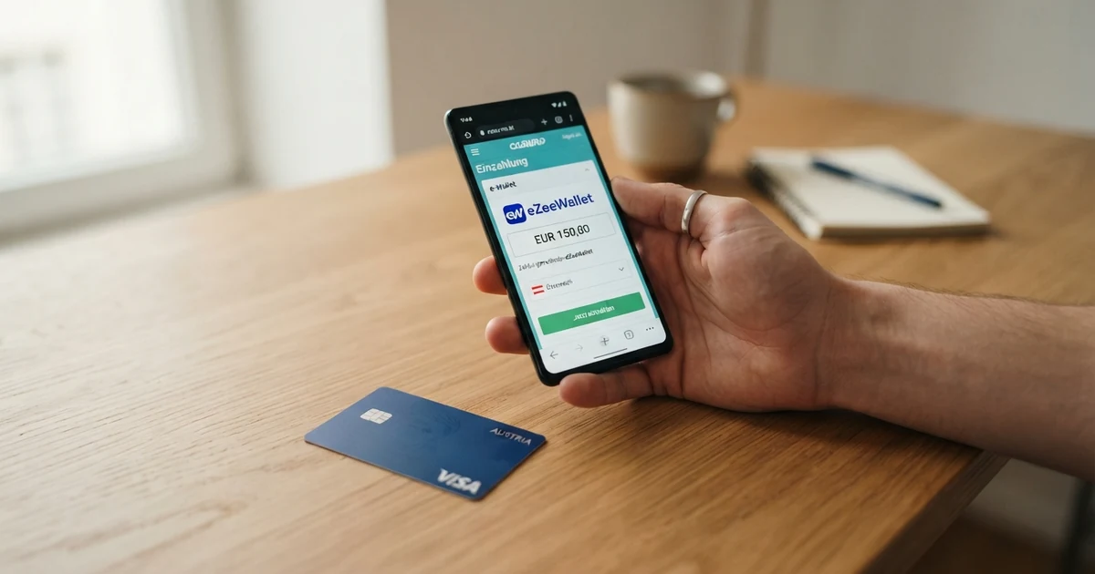 Eine Neteller-Karte auf einer Smartphone-Tastatur, daneben ein Bildschirm mit geöffneter Online-Casino-Kasse und dem Neteller-Logo als ausgewählter Zahlungsmethode
