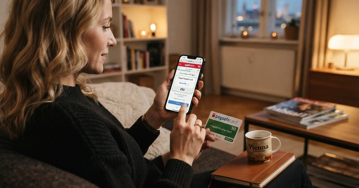 Paysafecard-Logo neben einer geöffneten Online-Casino-Kasse auf einem Smartphone-Display