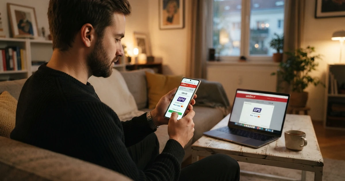 Skrill-Logo und Online-Casino-Zahlungsdialog auf einem Bildschirm mit Smartphone und Laptop im Hintergrund