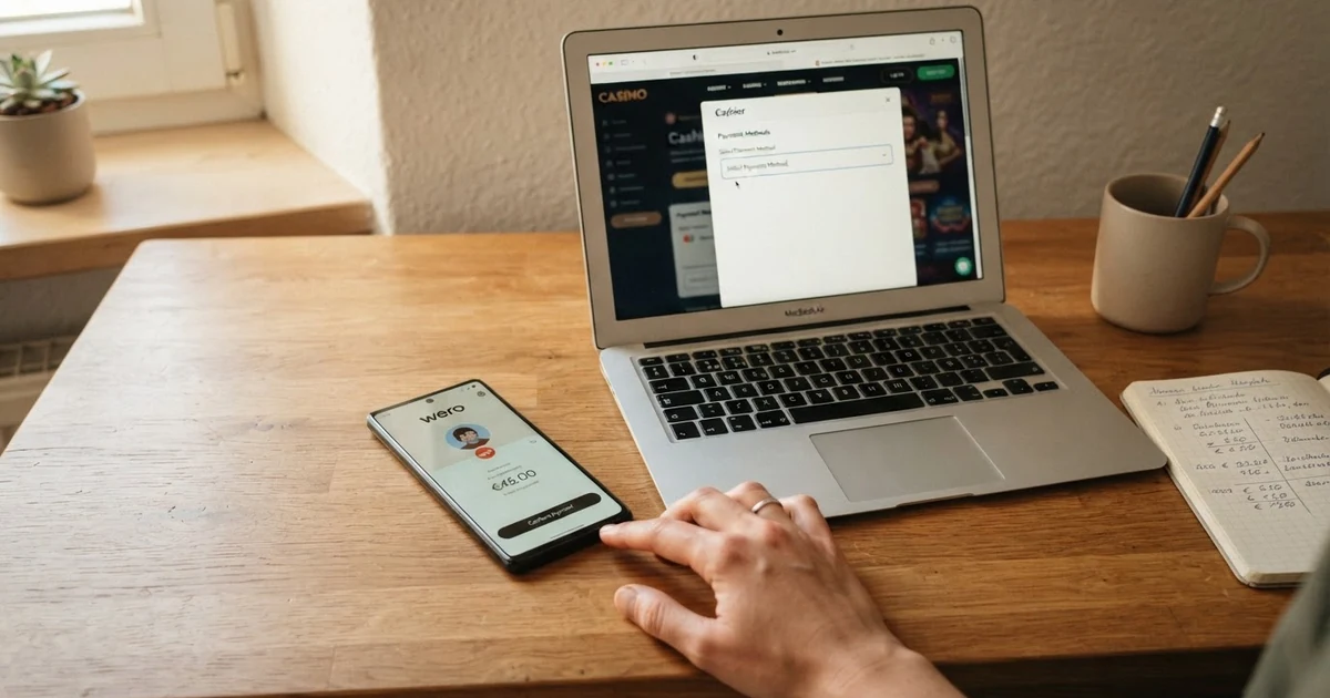Ein Smartphone mit geöffneter Wero-App neben einem Laptop, der eine Online-Casino-Startseite zeigt — auf dem Laptop-Bildschirm ist das Feld für Zahlungsmethoden leer