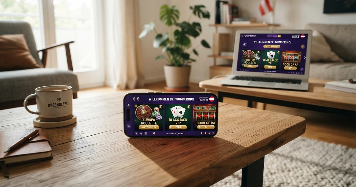 Startseite eines Online-Casinos mit Spielauswahl, Einzahlungsbutton und AT-Lizenzhinweis auf einem Laptop-Bildschirm