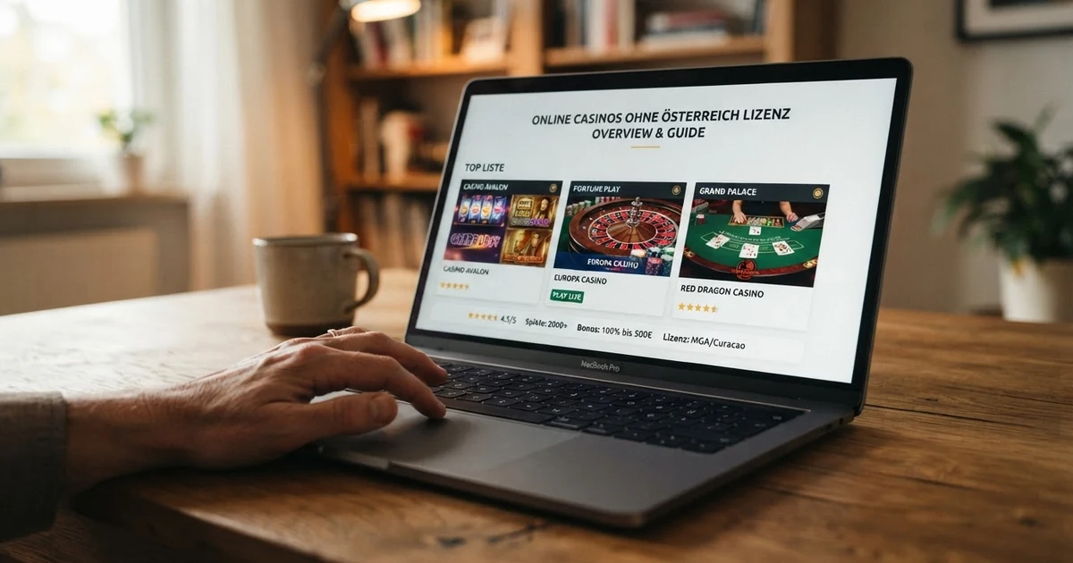 Bildschirm mit einer Übersicht von Online-Casinos ohne österreichische Lizenz und ihren Bewertungskriterien