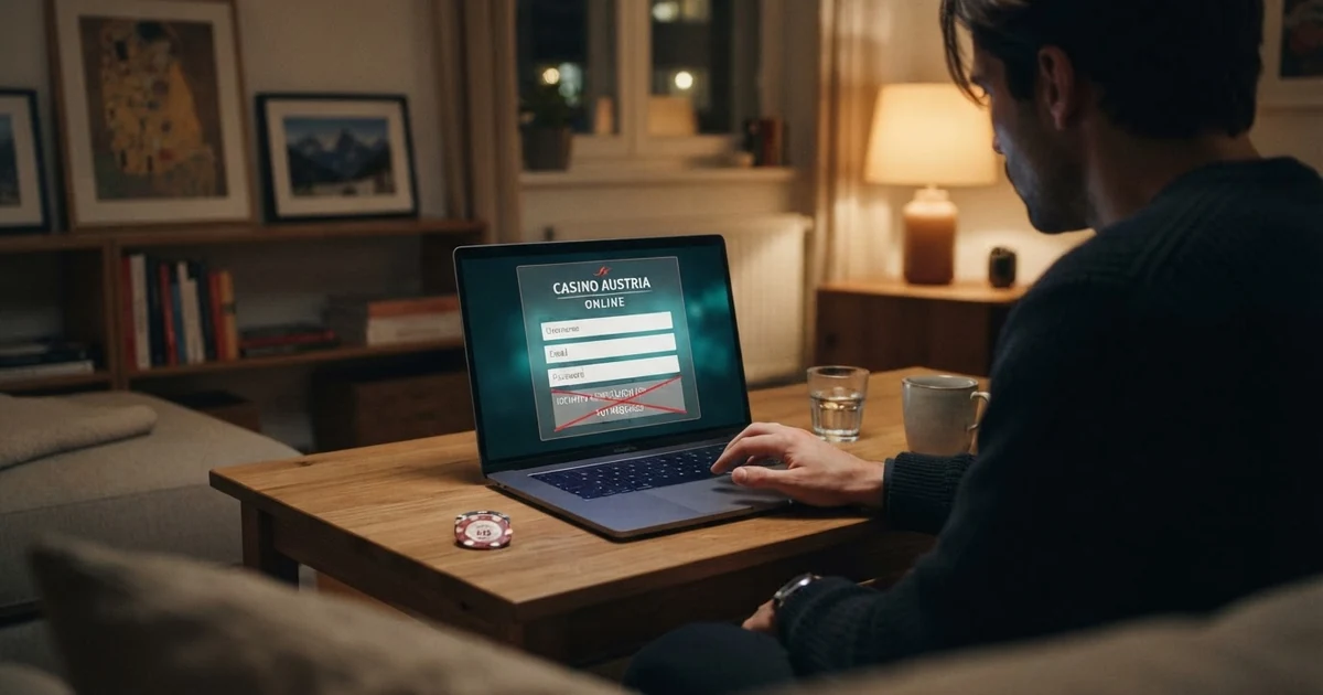 Eine Person sitzt vor einem Laptop-Bildschirm der ein Online-Casino-Registrierungsformular zeigt — das Feld für den Ausweis-Upload ist durchgestrichen oder ausgegraut