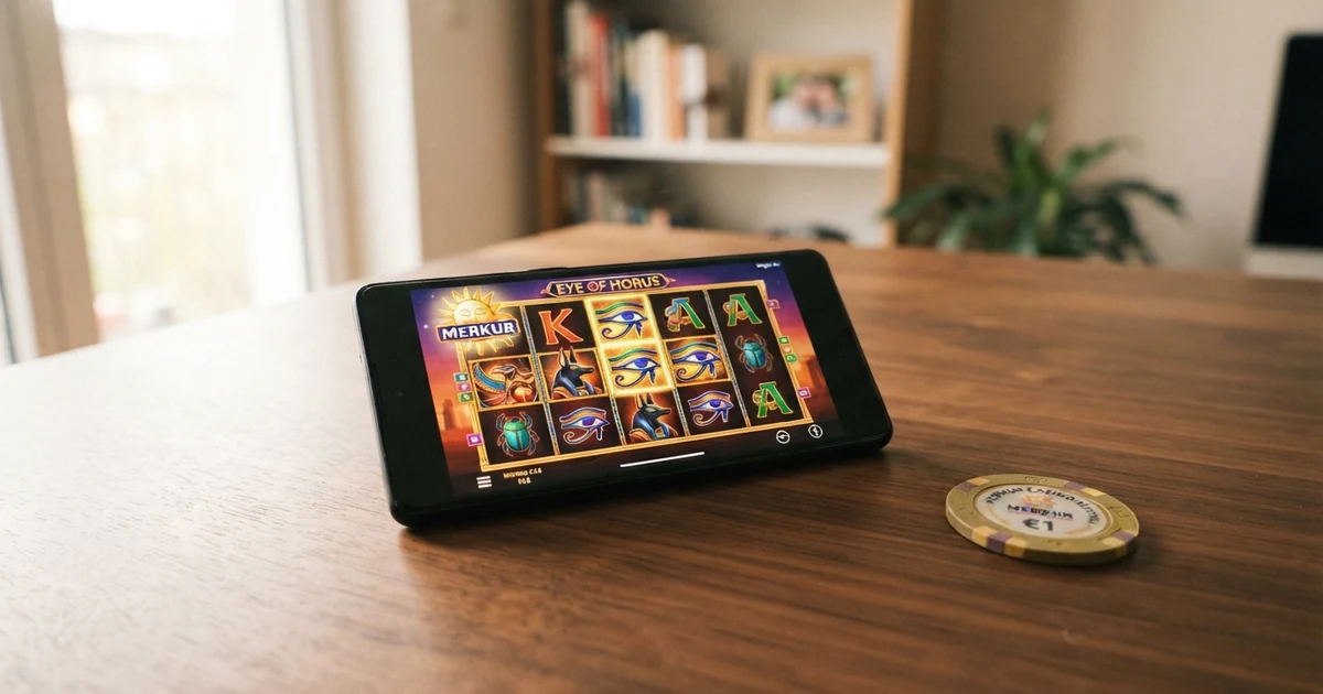 Merkur-Spielautomaten auf dem Bildschirm eines Online-Casinos mit dem markanten Magie-Symbol