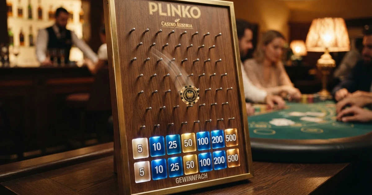 Ein Plinko-Spielbrett mit farbigen Multiplikator-Feldern am unteren Rand — der Ball fällt durch ein Stiftraster und landet in einem der Fächer