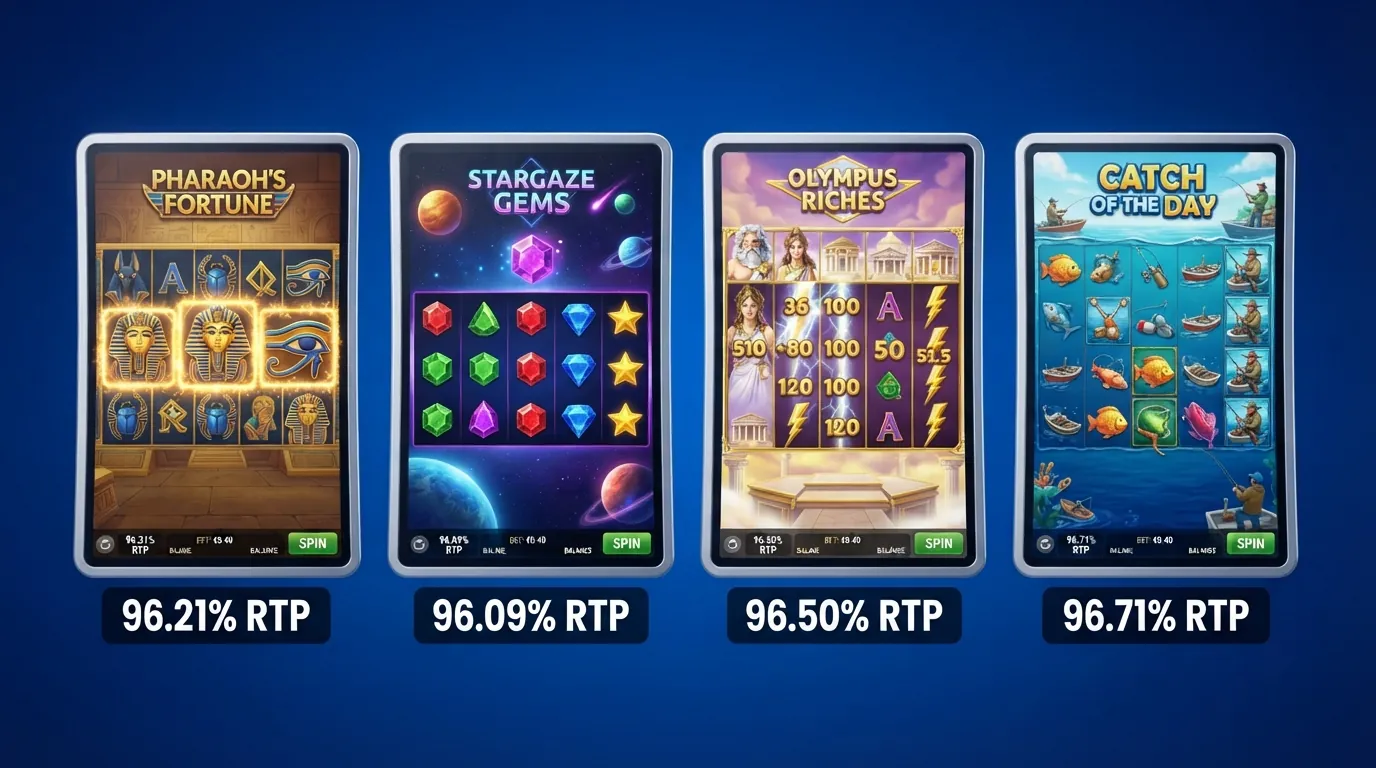 Vier Slot-Titelkarten (Book of Dead, Starburst, Gates of Olympus, Big Bass Bonanza) nebeneinander, jeweils mit RTP-Prozentangabe darunter