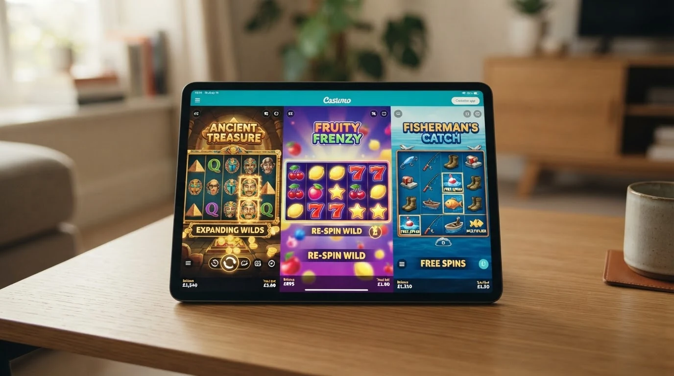 Drei Spielautomaten — Book of Dead, Starburst und Big Bass Bonanza — nebeneinander auf einem Tablet-Display