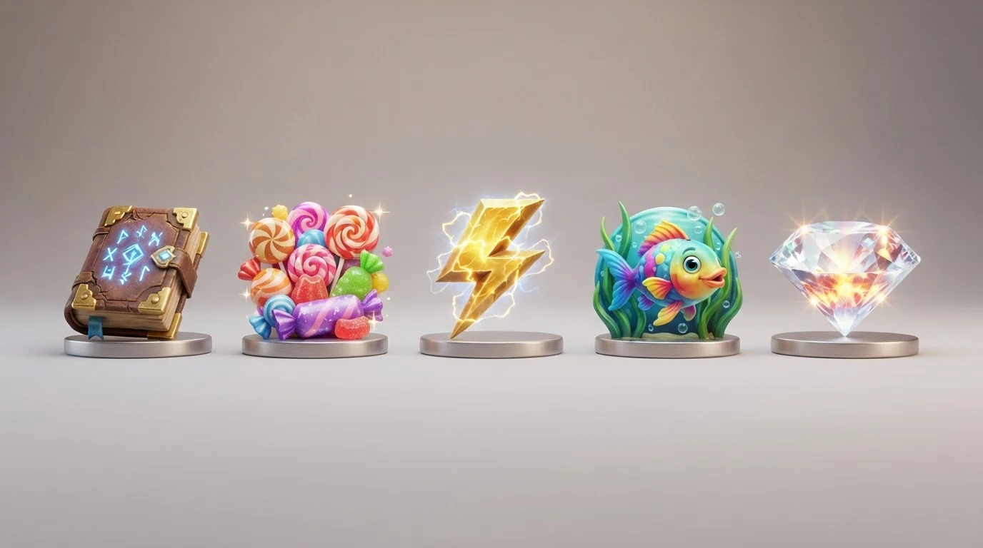 Fünf Spielautomaten-Symbole nebeneinander im Bild: das Buch (Book of Dead), eine bunte Bonbon-Grafik (Sweet Bonanza), ein Zeus-Blitz (Gates of Olympus), ein Fisch (Big Bass Bonanza) und ein funkelnder Edelstein (Starburst) — darunter jeweils der RTP-Prozentwert