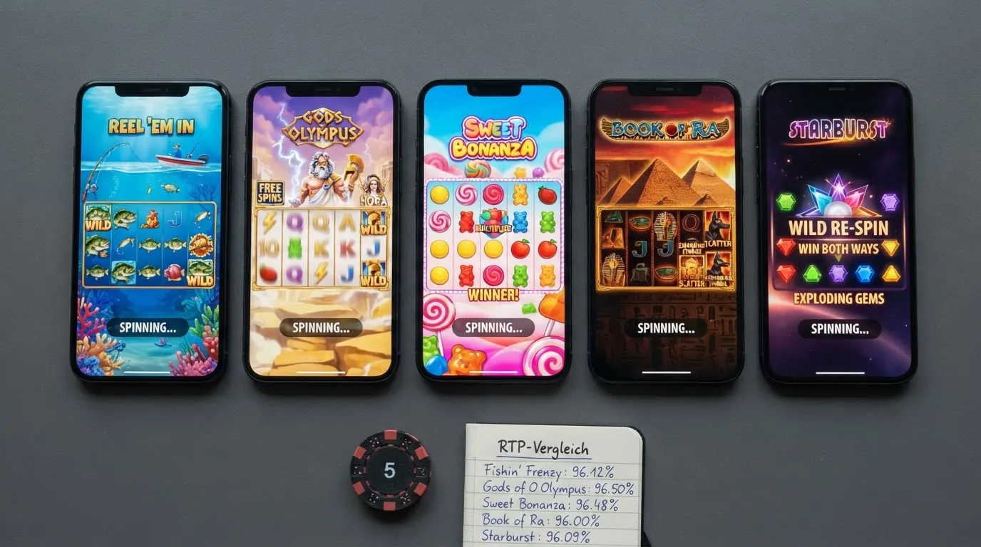 Fünf Spielautomaten-Bildschirme nebeneinander, sortiert nach ihrem RTP-Prozentsatz, mit einem Taschenrechner im Vordergrund