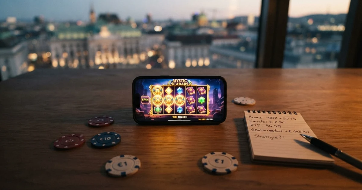 Eine Reihe von Spielautomaten-Symbolen auf einem dunklen Hintergrund mit einem leuchtenden Fragezeichen in der Mitte, das Neugier auf weniger bekannte Casino-Marken weckt