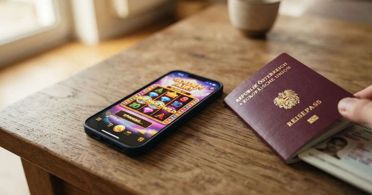 Ein Online-Casino-Willkommensbonus auf einem Smartphone-Bildschirm, daneben ein österreichischer Reisepass als Symbol für den AT-Markt