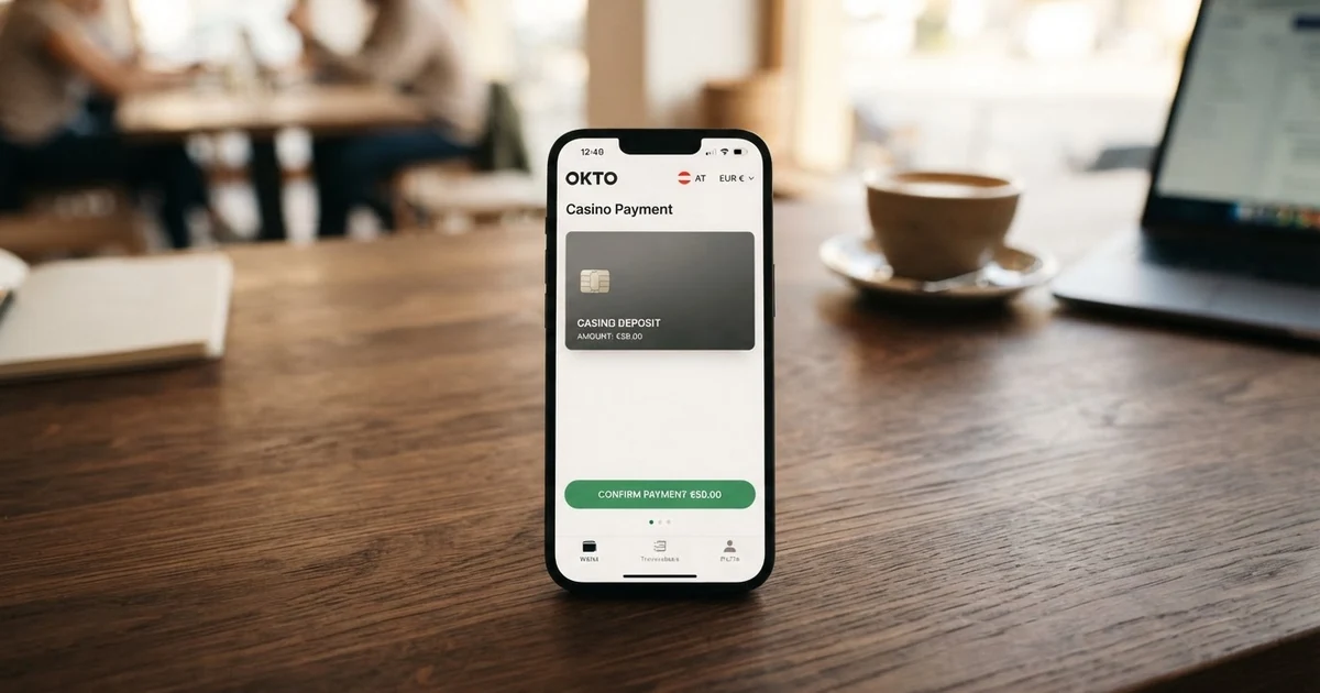 Okto-Wallet-App auf einem Smartphone-Display mit sichtbarem Guthaben und geöffnetem Casino-Zahlungsbildschirm im Hintergrund