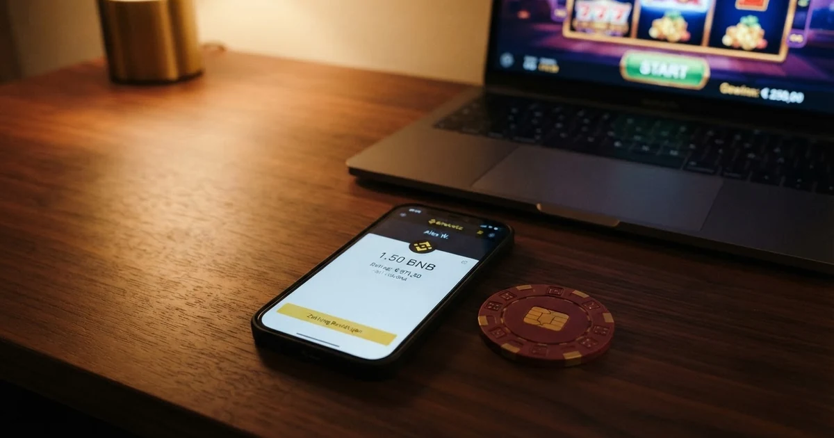 BNB-Logo und Casino-Chips auf einem Bildschirm mit geöffneter Wallet-App