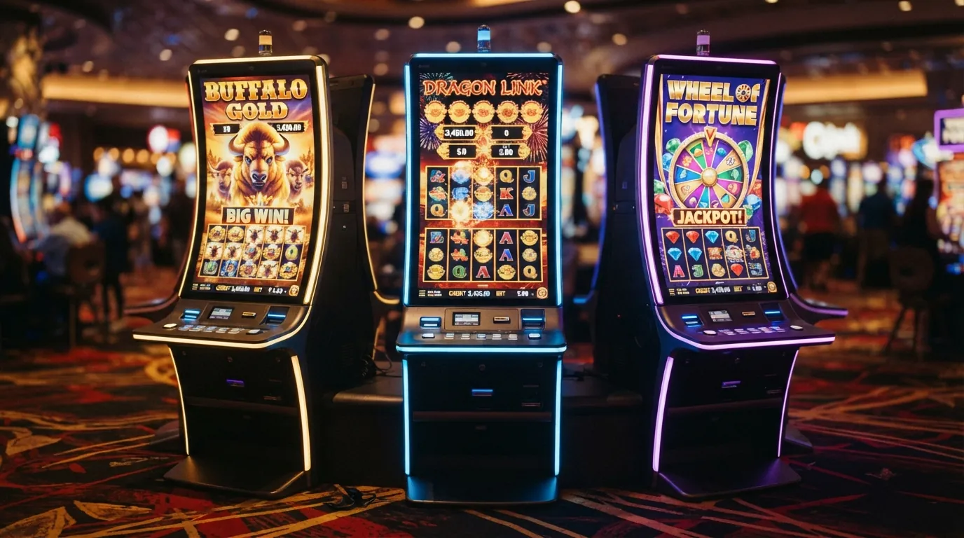 Drei nebeneinander angeordnete Spielautomat-Bildschirme mit den Slot-Titeln Sweet Bonanza, Gates of Olympus und Big Bass Bonanza in Aktion.