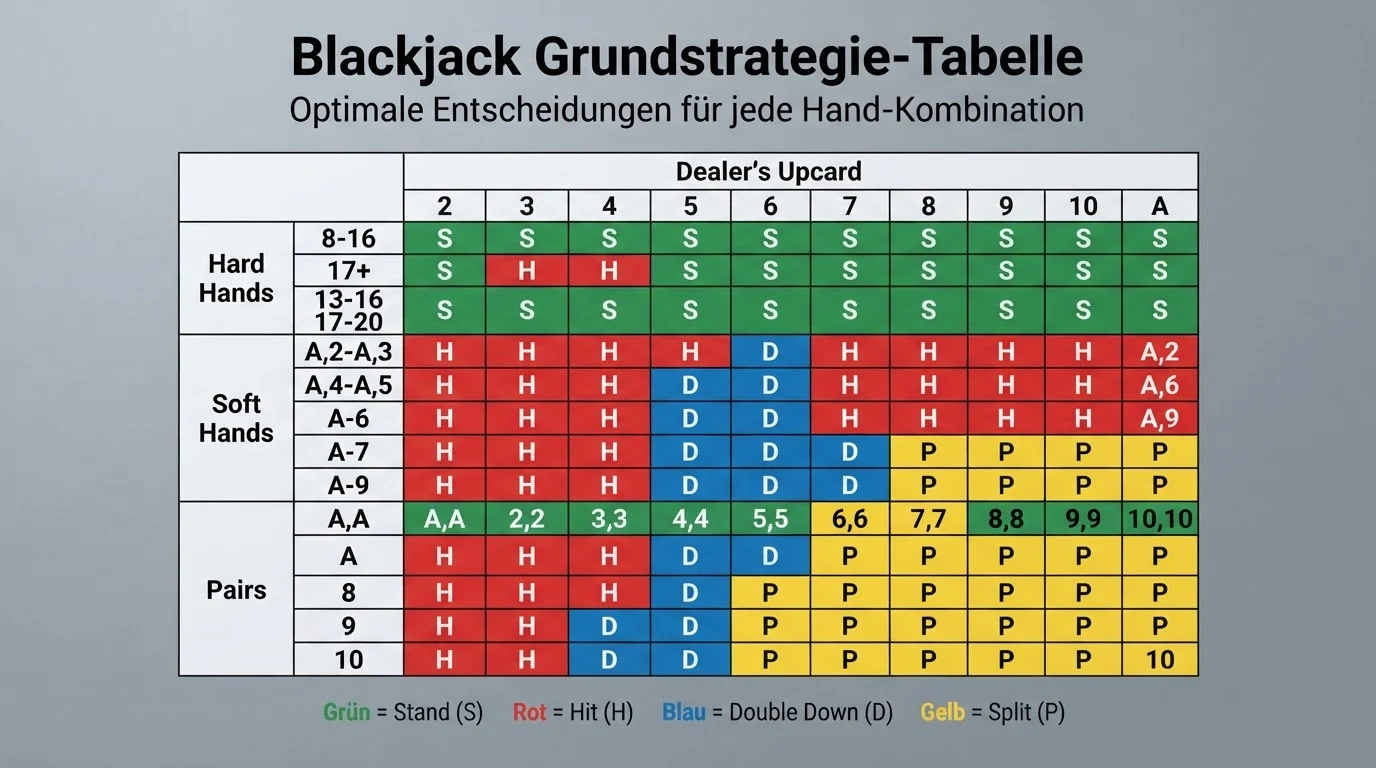 Eine farbkodierte Basic-Strategy-Tabelle mit allen Hand-Dealer-Kombinationen