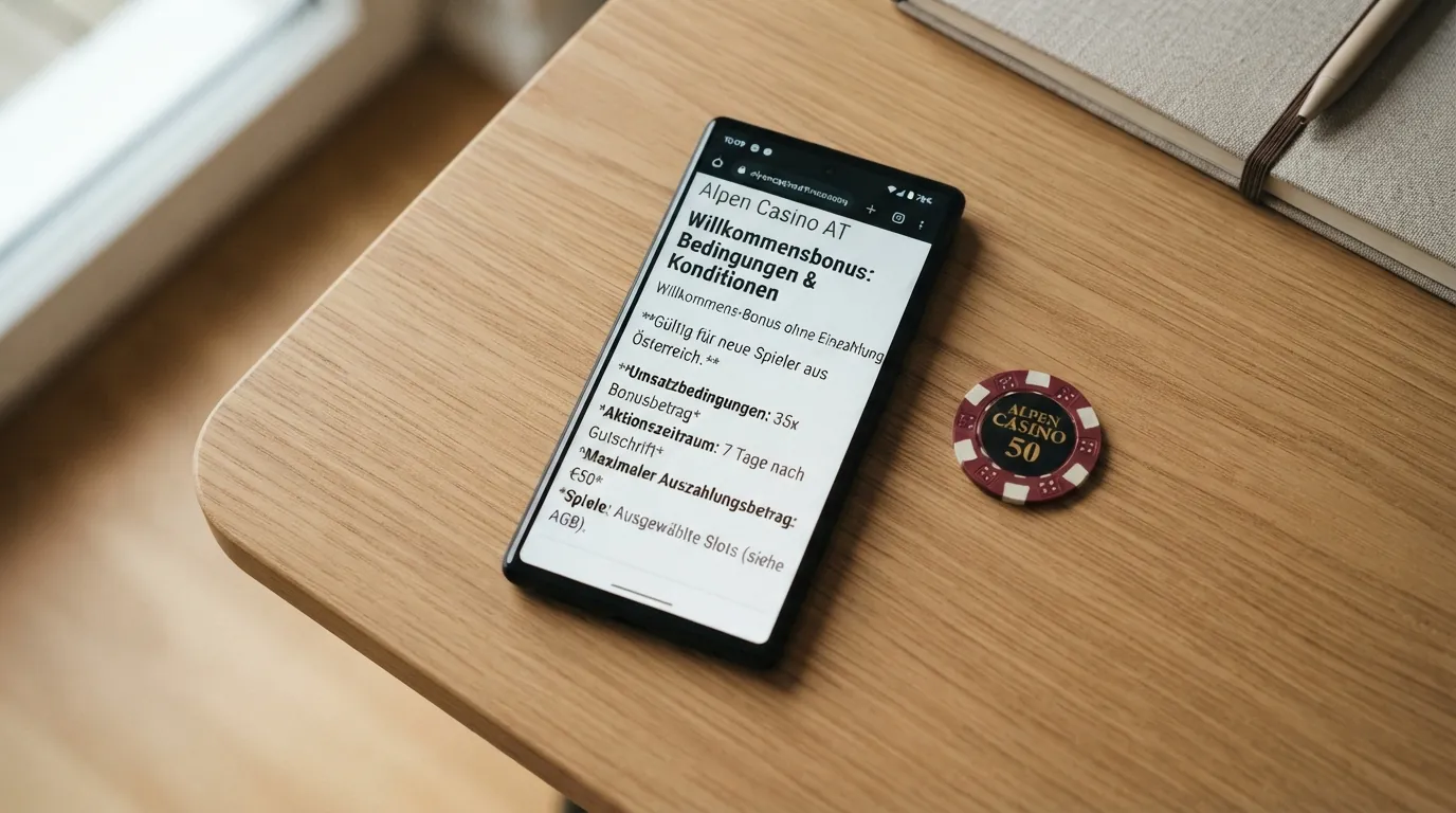 Ein Smartphone mit geöffneter Bonusbedingungen-Seite, die Umsatzanforderungen und Gültigkeitsdauer sind auf dem Bildschirm hervorgehoben