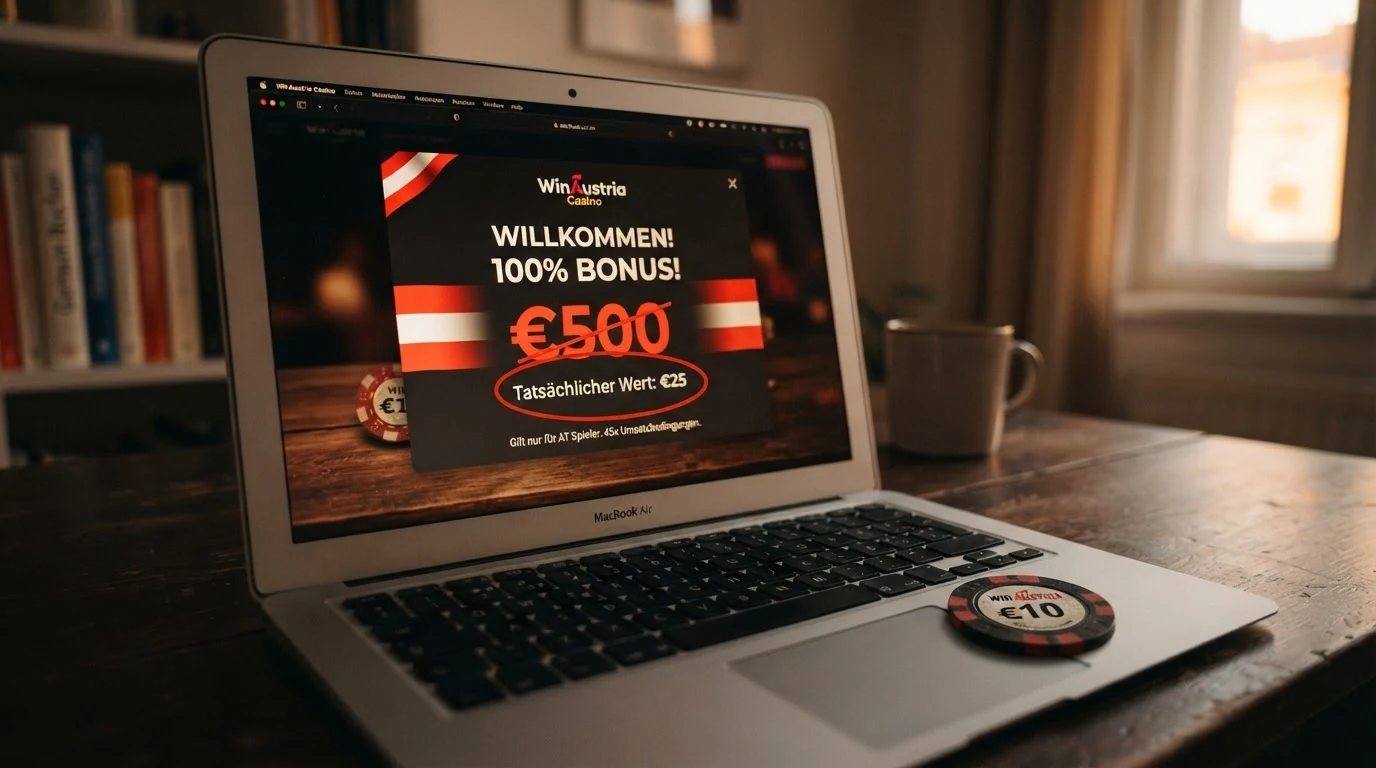 Eine Nahaufnahme eines Casino-Bonus-Pop-ups mit durchgestrichener großer Summe und einem kleineren, umkreisten Betrag daneben