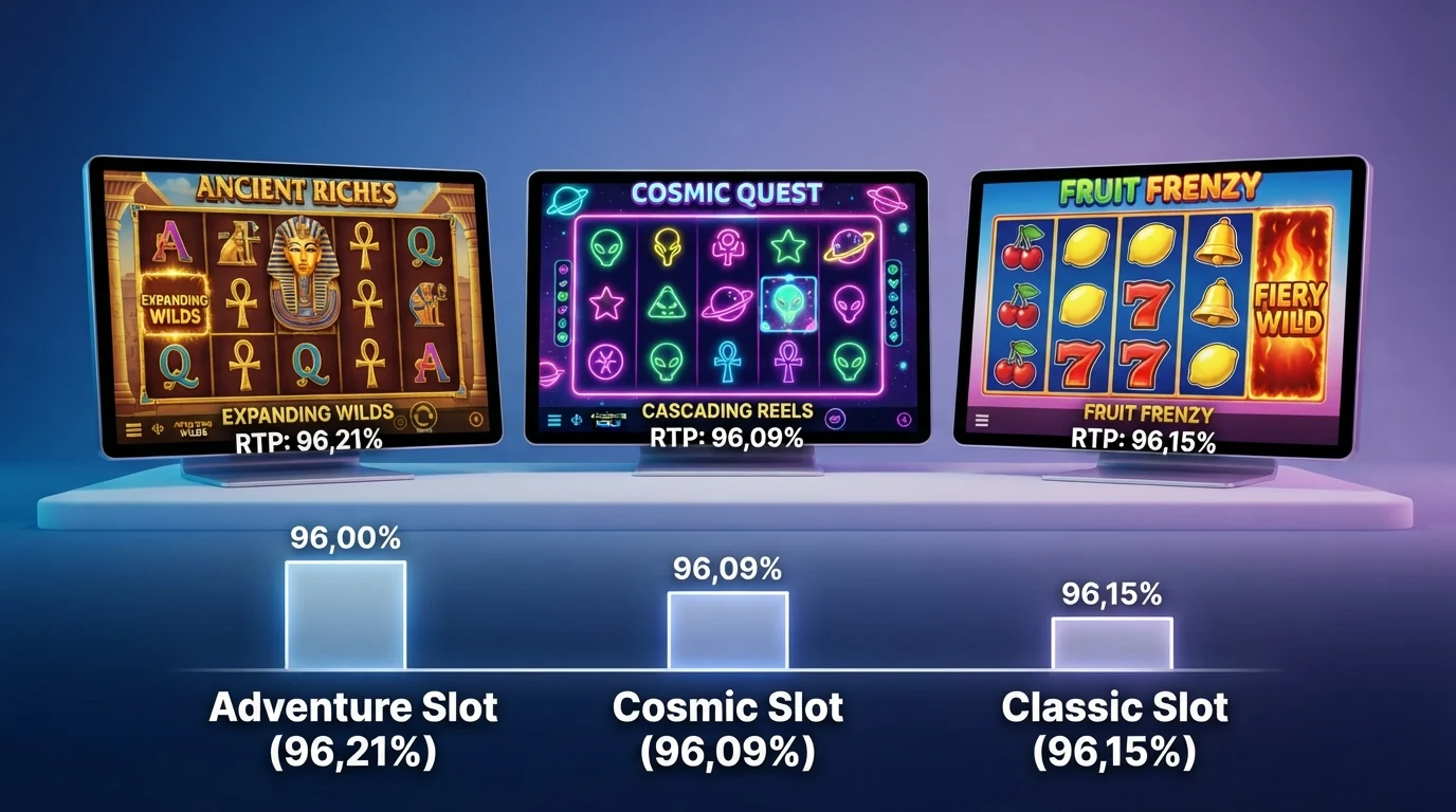 Drei Spielautomaten-Bildschirme nebeneinander mit den Logos von Book of Dead, Starburst und Fire Joker, darunter die jeweiligen RTP-Prozentwerte.