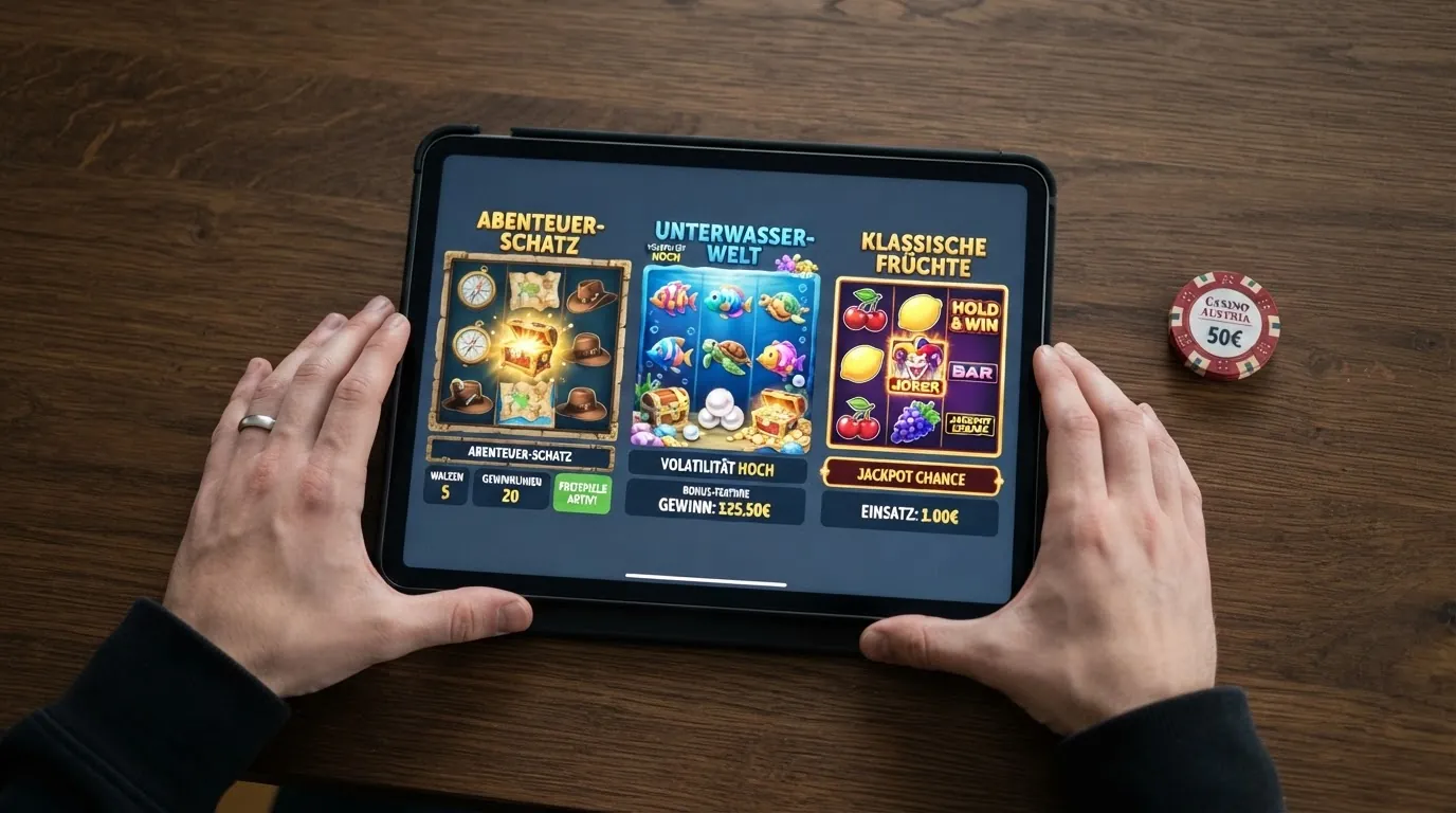 Drei beliebte Spielautomaten — Book of Dead, Big Bass Bonanza und Royal Joker: Hold and Win — auf einem Tablet-Bildschirm